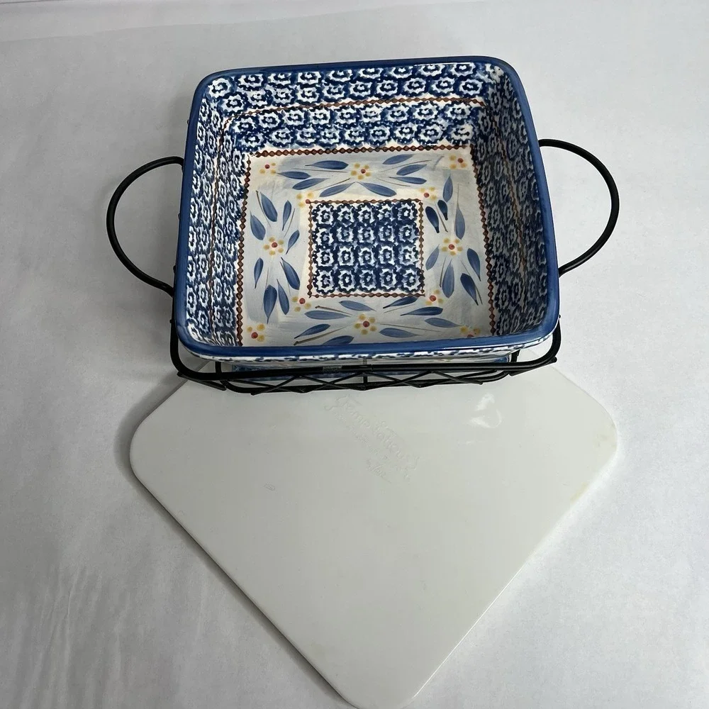 Temptations By Tara Old World Blue Casserole Dish Trivet Cooling Rack Lid 2 Qt‎